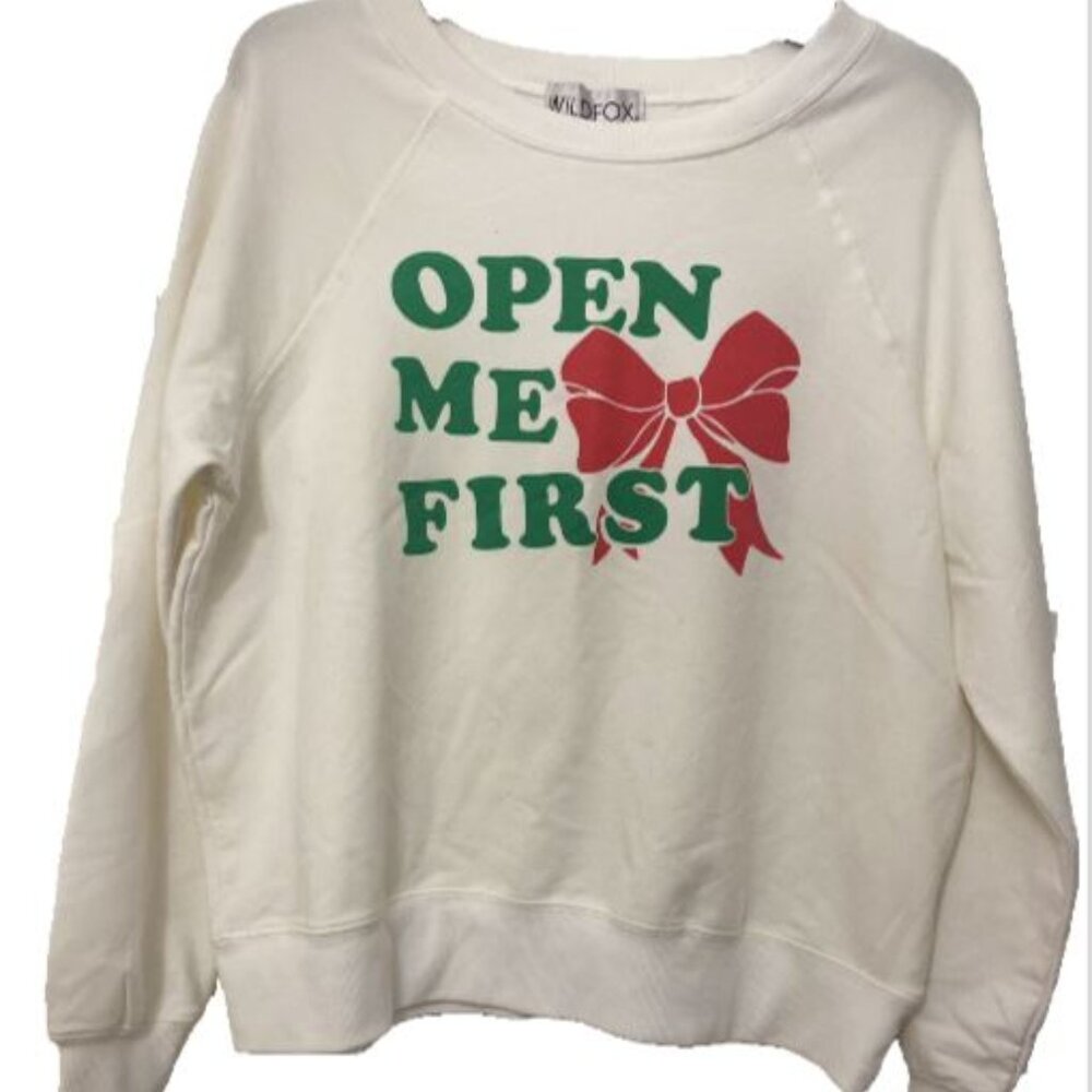 NWT WOMEN'S WILDFOX Crop top LONG SLEEVE PULLOVER "Open Me First" Sweatshirt- XS